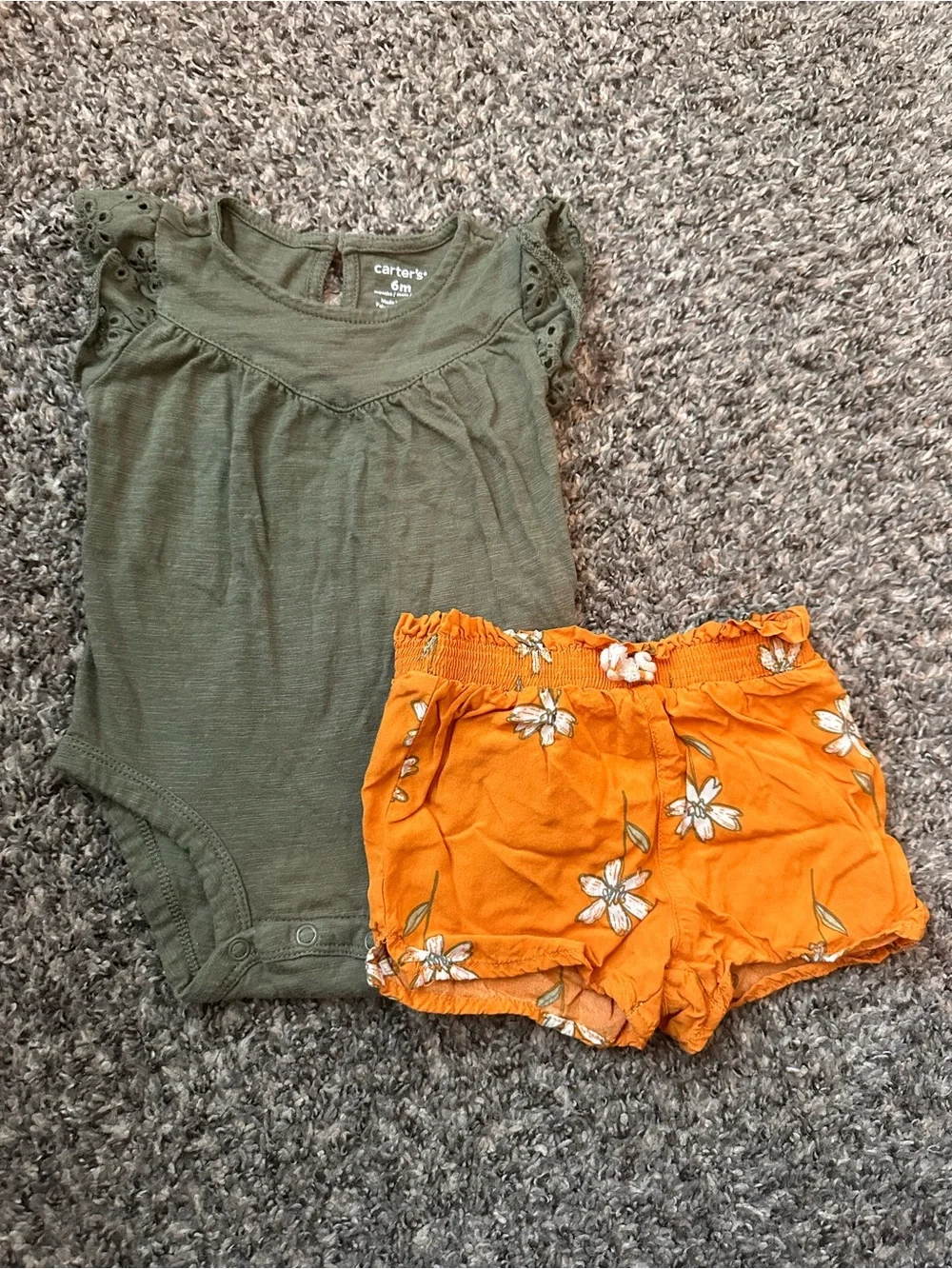 Carter's Olive Green Onesie with Orange Floral Shorts Set